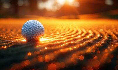 Stylized image of a golf ball soaring through the air, surrounded by light trails - obrazy, fototapety, plakaty