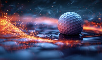 Stylized image of a golf ball soaring through the air, surrounded by light trails - obrazy, fototapety, plakaty