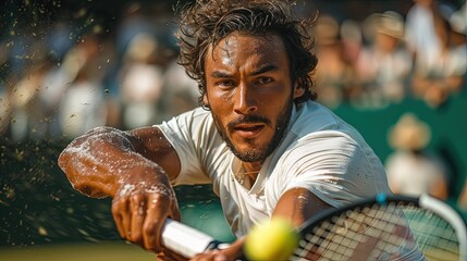 Tennis player hitting a backhand shot on a grass court, tennis finesse - obrazy, fototapety, plakaty