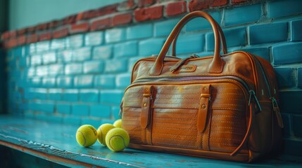 Tennis racket and balls in a sports bag, vibrant colors popping against a neutral background