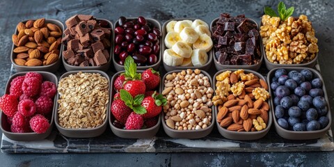 Top view of a variety of sports nutrition snacks arranged on a marble platter, elegant presentation