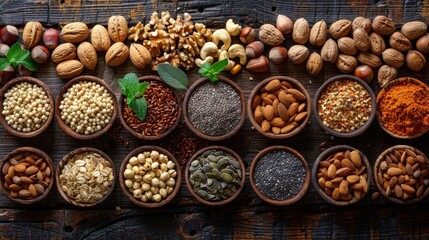 Top view of a variety of nuts and seeds laid out on a rustic wooden table, natural lighting