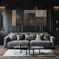 Living room with three accent canvas square paintings on a black wall, and a gray sofa, designed in a dark-colored gallery style. - obrazy, fototapety, plakaty
