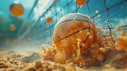 Volleyball spiked over the net in a cloud of sand, beach competition