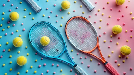 Vibrant photo of tennis rackets and balls on a white background, popping colors