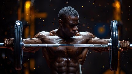 Weightlifter lifting a heavy barbell with strained expression, muscles bulging - obrazy, fototapety, plakaty