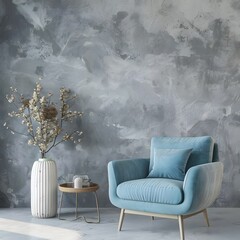 3D render of a modern living room with a pastel teal turquoise blue accent armchair, grey plaster decorative stucco wall, and microcement texture, designed in a premium minimal style trend of 2024.