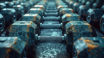 Workout weights arranged in a pattern on a gym floor, strong contrast - obrazy, fototapety, plakaty