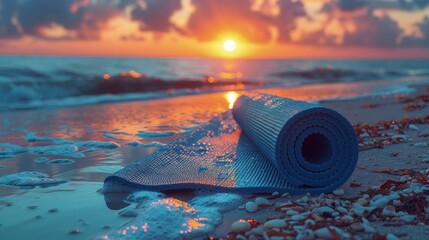 Yoga mat rolled out on a beach at sunrise, peaceful ocean waves in the background - obrazy, fototapety, plakaty