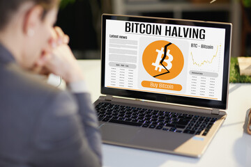 Seen from behind woman with laptop and bitcoin halving screen - 784789216