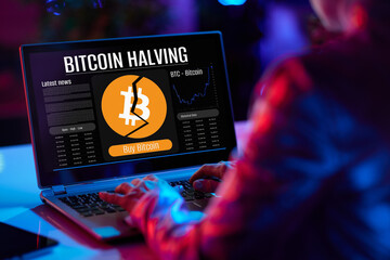 Closeup on modern female with laptop and bitcoin halving screen - 784789233