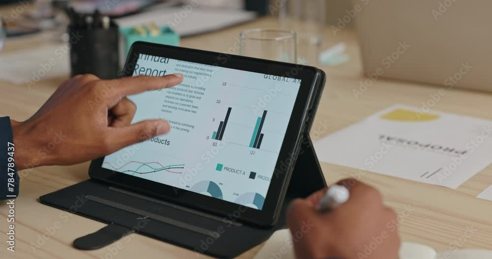Poster hands, meeting and tablet with screen for data analysis, planning and research for business proposal