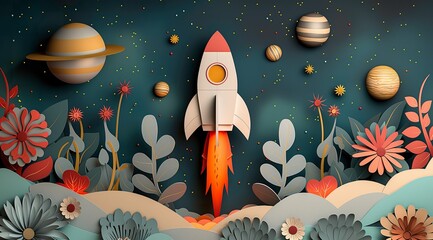 Vibrant 3D rocket launch wallpaper with pastel planets and stars, perfect for kids' room decor and space enthusiasts."