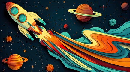 rocket in a pastel dreamscape of stars and planets, for those who love space-themed artistic decor