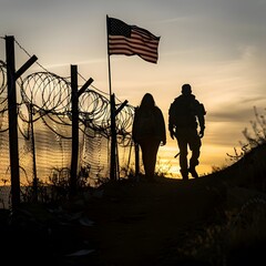 A man and woman, in silhouette, have breached a border fence on the southern border of the USA, with a broken barbed wire fence and a USA flag in the distance. - obrazy, fototapety, plakaty