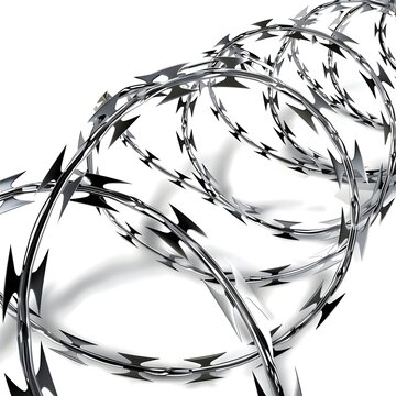 An isolated, transparent image of coils of razor wire, typically used in detainment camps, prisons, and borders, presented as a detailed and realistic graphic resource.