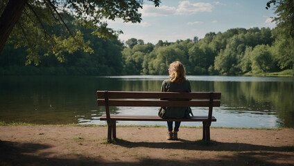Woman sitting alone on a park bench by a tranquil lake on a sunny day, seated on a park bench overlooking a serene lake surrounded by lush greenery.