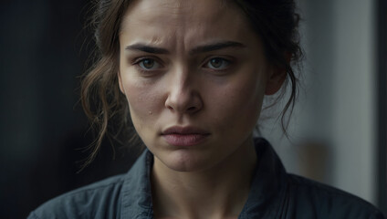 Fototapeta premium Portrait of a young troubled woman intensely staring with tears in her eyes, captured indoors, tearful expression and intense eyes, reflecting deep emotional stress or sorrow, indoors.