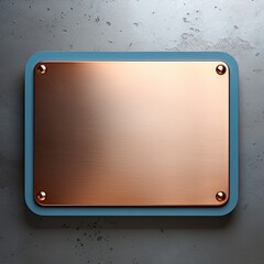 Blue large metal plate with rounded corners is mounted on the wall. It is a 3d rendering of a blank metallic signboard in a copper color with reflections on an industrial concrete background. 