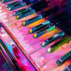 Stylized, distorted retro piano keyboard, showcasing a unique artistic interpretation of the...