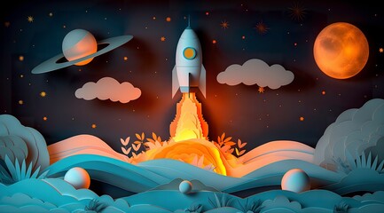 Dreamy space journey illustration with a friendly rocket, ideal for creative wallpapers and educational materials