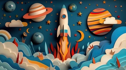 Dreamy space journey illustration with a friendly rocket, ideal for creative wallpapers and educational materials