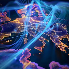 Abstract digital map of Western Europe, illustrating the themes of European global network, connectivity, data transfer, cyber technology, information exchange, and telecommunication.