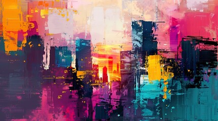 Abstract Oil Painting effect background, Abstract Urban Scenes: Cityscapes or elements thereof, abstracted into colors and shapes.