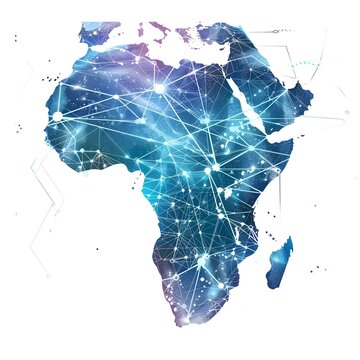 A digital map of Africa, overlaid with a conceptual representation of a global network and connectivity. The image features elements of high-speed data transfer and cyber technology, symbolizing busin