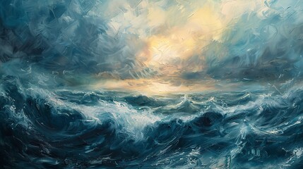 Oil paint, stormy seas, tumultuous blues and whites, sunset, wide lens, churning waves.  - obrazy, fototapety, plakaty
