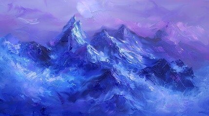 Abstract, mountain majesty, cool purples and blues, dawn, close focus, rugged peak mystery. 