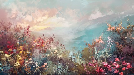 Abstract, blooming valleys, pastel florals, morning light, panoramic, carpet of flowers.