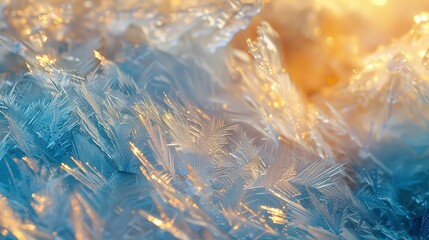 Abstract, frozen tundra, icy blues and whites, golden hour, close-up, crystalline details. 