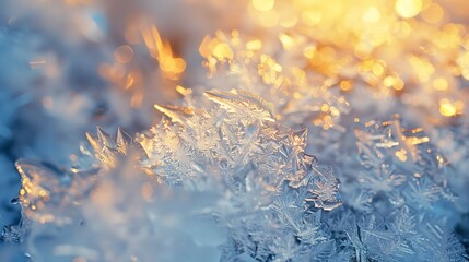Abstract, frozen tundra, icy blues and whites, golden hour, close-up, crystalline details. 