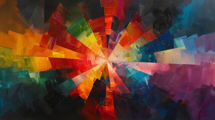 Oil painting, prism burst, bold colors against black, twilight, panoramic, radiant diffusion.  - obrazy, fototapety, plakaty