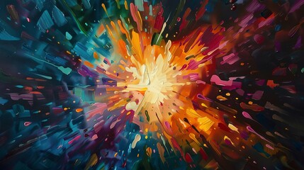 Oil painting, prism burst, bold colors against black, twilight, panoramic, radiant diffusion. - obrazy, fototapety, plakaty