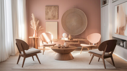 Escape to a Nordic-inspired sanctuary with two chrs in warm tones, a central table, and an empty canvas agnst a backdrop of pure pink, white, or yellow, offering a tranquil haven.