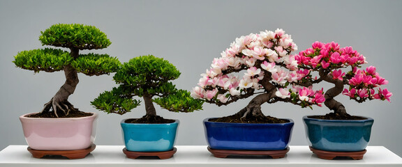 Naklejka premium Beautiful assortment of bonsai trees in bloom, showcasing lush green and pink foliage in vibrant pots.