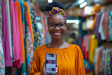 Obraz premium Entrepreneur Showcasing Mobile App at Clothing Store