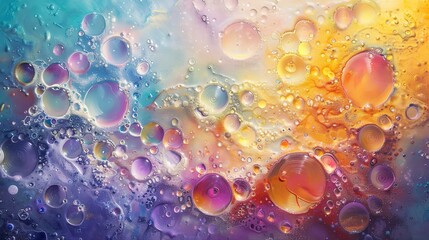 Oil painting Abstract, bubble surface, iridescent colors, direct sunlight, panoramic, bubbly texture. 
