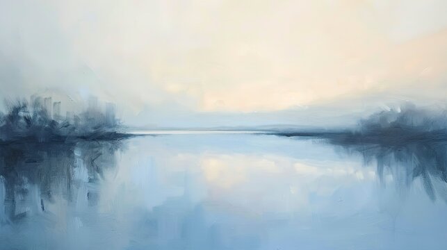 Oil paint, soft gradient sky, pale blues, dawn light, wide angle, serene simplicity. 