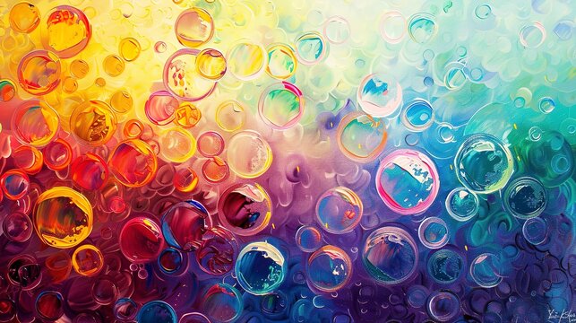 Oil painting Abstract, bubble surface, iridescent colors, direct sunlight, panoramic, bubbly texture. 