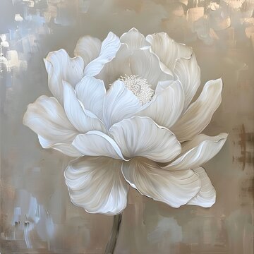 Oil painting of a white flower with large petals, set against a beige background, emphasizing the delicate beauty of the flower.