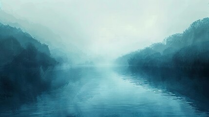 Calm lake oil paint effect, cool blues, misty morning, aerial view, soft focus.  - obrazy, fototapety, plakaty