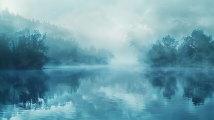 Calm lake oil paint effect, cool blues, misty morning, aerial view, soft focus.  - obrazy, fototapety, plakaty