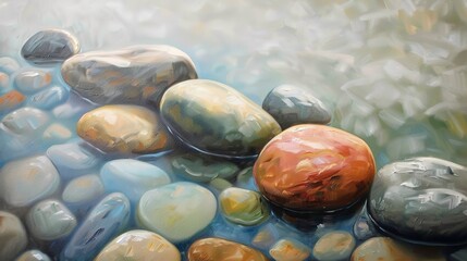 Abstract oil painting, Zen pebbles, serene colors, close-up, natural light, matte. 