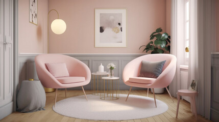 Curl up in a cozy Nordic nook with two chrs in soft pastel hues, a central table, and an empty canvas agnst a backdrop of pure pink, white, or yellow. Allow the tranquil atmosphere