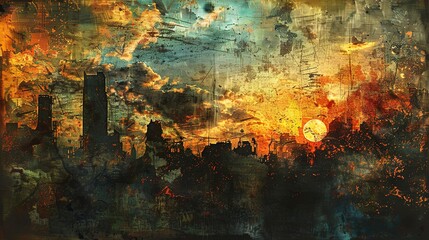 Oil painting grunge, urban decay theme, wide lens, twilight ambiance. 
