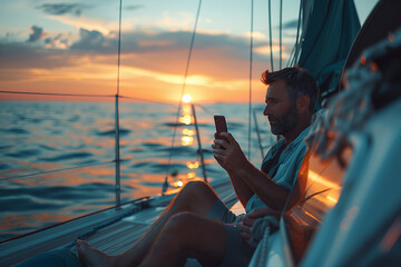 Man Sitting on Boat Looking at Cell Phone - obrazy, fototapety, plakaty