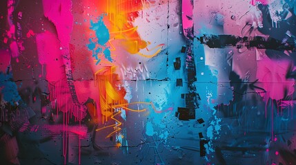 Distressed abstract oil, graffiti vibes, vibrant, overhead angle, neon light. -